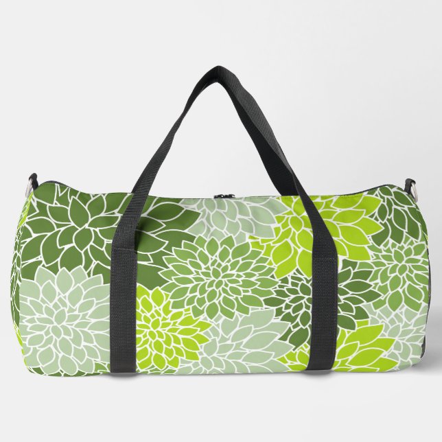 Dahlia Flowers, Pattern Of Flowers, Green Dahlia Duffle Bag (Front)
