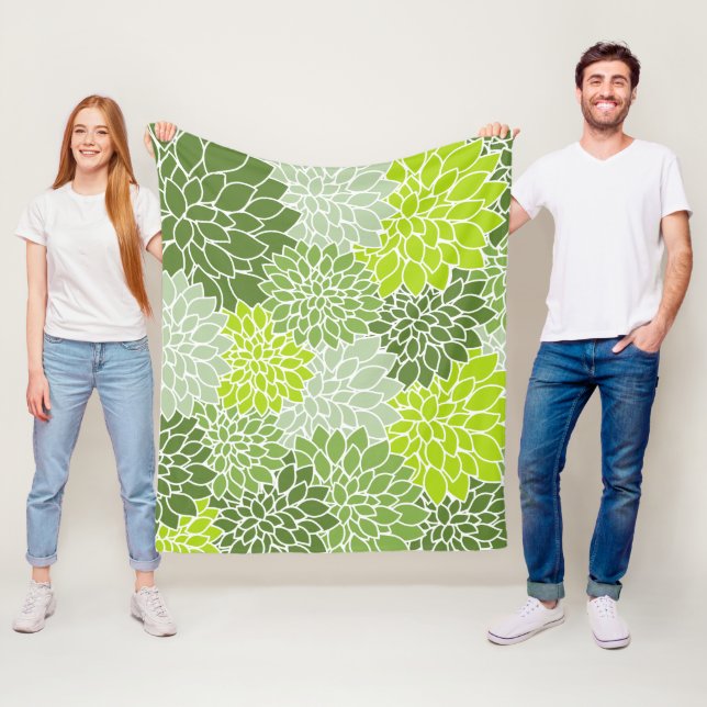 Dahlia Flowers, Pattern Of Flowers, Green Dahlia Fleece Blanket (In Situ)