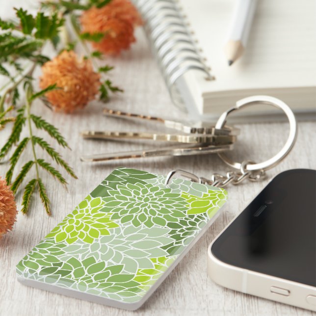 Dahlia Flowers, Pattern Of Flowers, Green Dahlia Key Ring (Front Right)