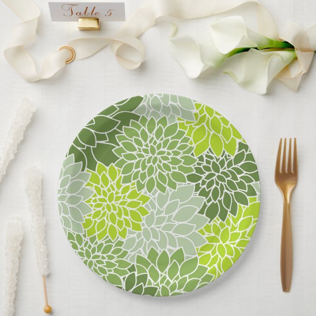 Dahlia Flowers, Pattern Of Flowers, Green Dahlia Paper Plate (Wedding)