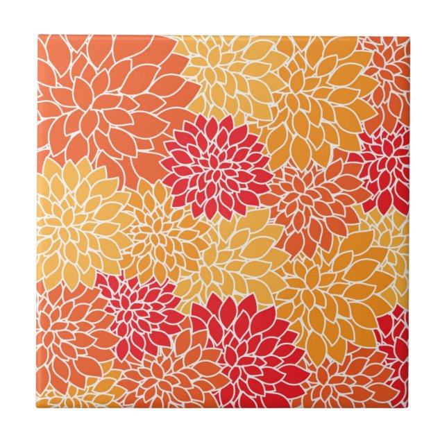 Dahlia Flowers, Pattern Of Flowers, Orange Dahlia Ceramic Tile (Front)