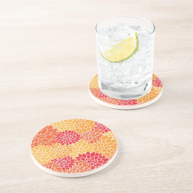 Dahlia Flowers, Pattern Of Flowers, Orange Dahlia Coaster (Side)