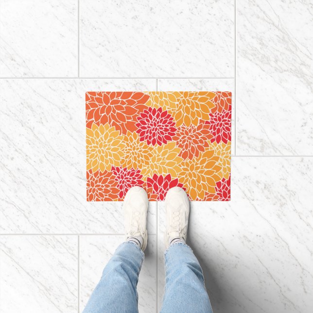 Dahlia Flowers, Pattern Of Flowers, Orange Dahlia Doormat (Indoor)