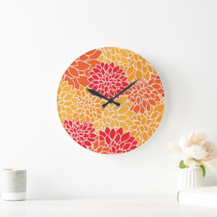Dahlia Flowers, Pattern Of Flowers, Orange Dahlia Large Clock