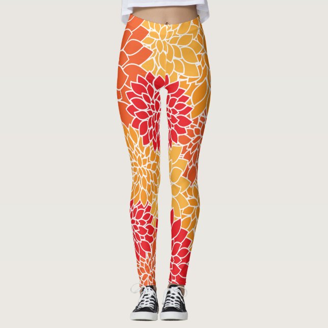 Dahlia Flowers, Pattern Of Flowers, Orange Dahlia Leggings (Front)