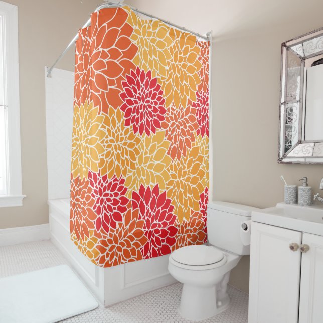 Dahlia Flowers, Pattern Of Flowers, Orange Dahlia Shower Curtain (In Situ)