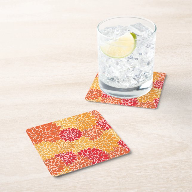 Dahlia Flowers, Pattern Of Flowers, Orange Dahlia Square Paper Coaster (Insitu)