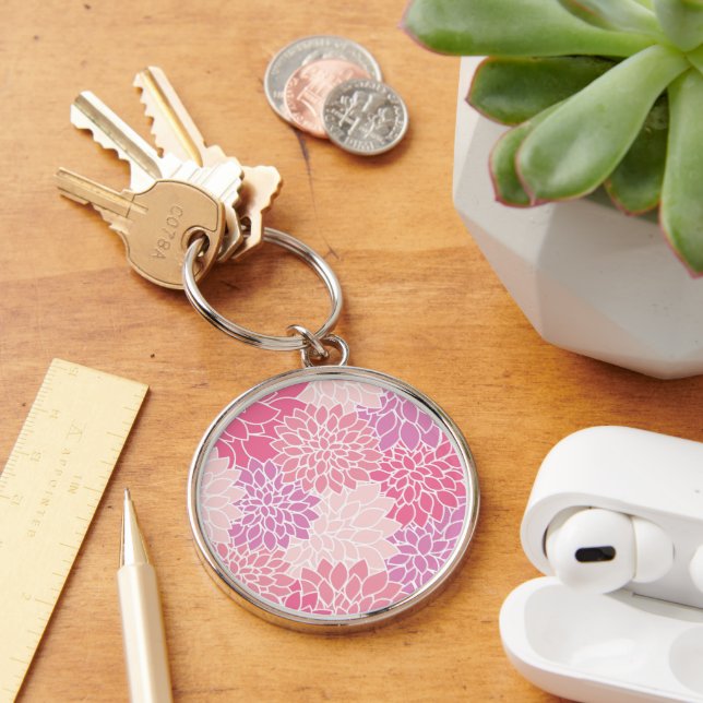 Dahlia Flowers, Pattern Of Flowers, Pink Dahlia Key Ring (Desk)