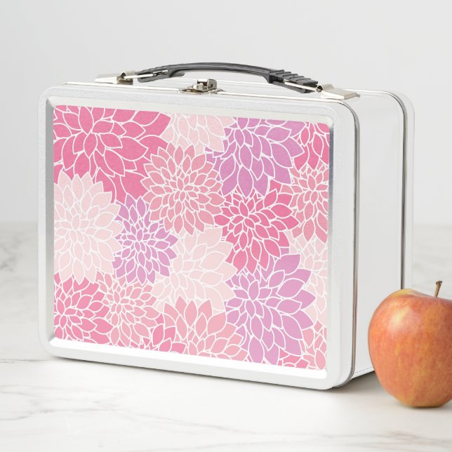 Dahlia Flowers, Pattern Of Flowers, Pink Dahlia Metal Lunch Box (In Situ)