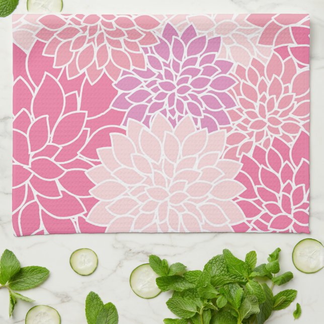 Dahlia Flowers, Pattern Of Flowers, Pink Dahlia Tea Towel (Folded)