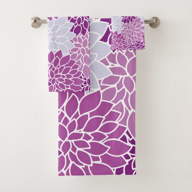 Dahlia Flowers, Pattern Of Flowers, Purple Dahlia Bath Towel Set (Insitu)