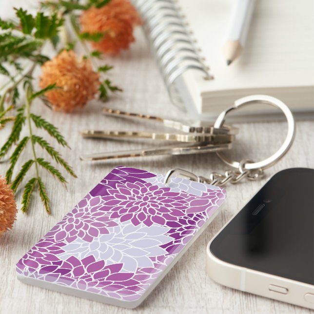 Dahlia Flowers, Pattern Of Flowers, Purple Dahlia Key Ring (Front Right)