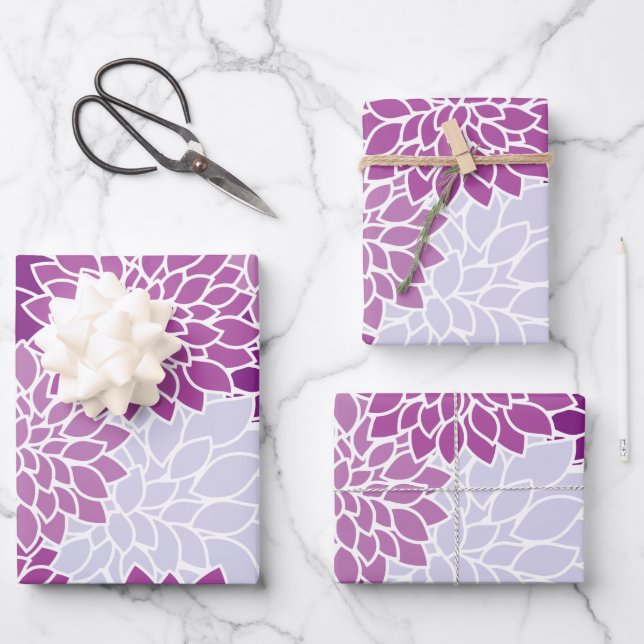 Dahlia Flowers, Pattern Of Flowers, Purple Dahlia Wrapping Paper Sheet (Front)