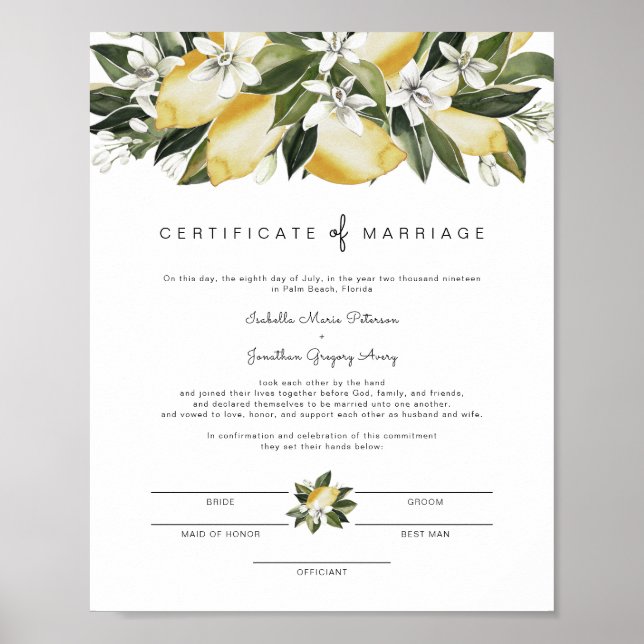 Dahlia - Lemon Citrus Garden Marriage Certificate Poster (Front)