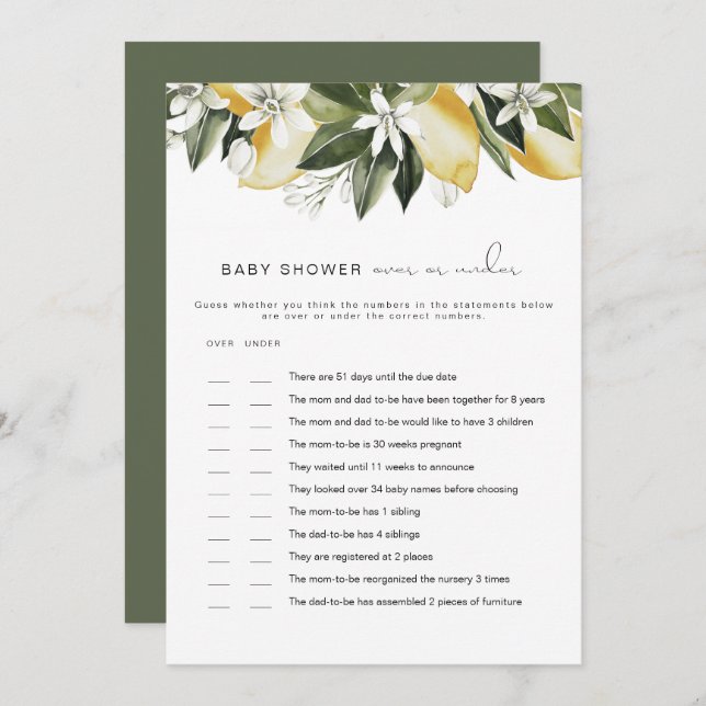 DAHLIA Lemon Over Under Baby Shower Game  Invitation (Front/Back)