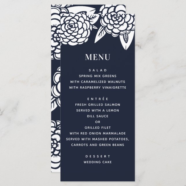 Dahlia. Navy modern floral wedding. Blue botanical Menu (Front/Back)
