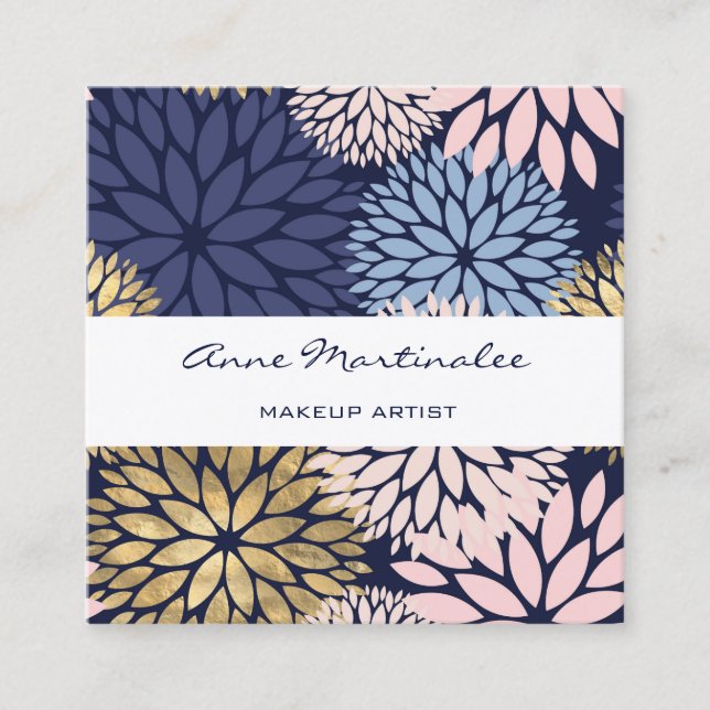 Dahlia Pink Blue Square Business Card (Front)