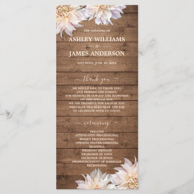 Dahlia Pink Floral Rustic Wood Wedding Program (Front)