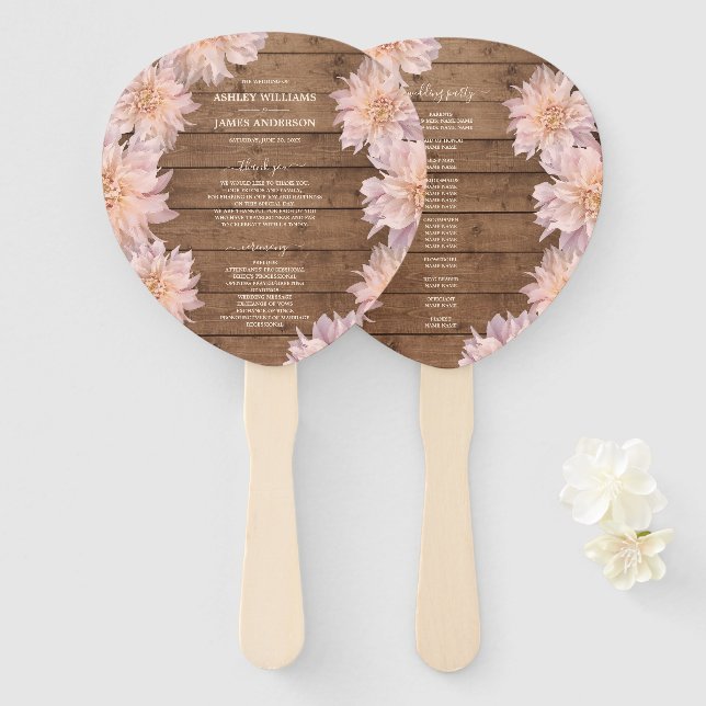 Dahlia Pink Floral Rustic Wood Wedding Program  Hand Fan (Front and Back)