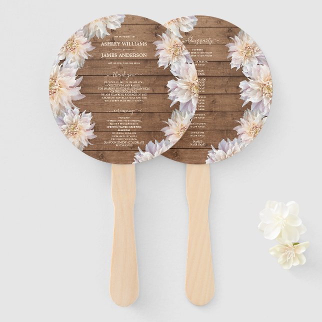 Dahlia Pink Floral Rustic Wood Wedding Program Hand Fan (Front and Back)