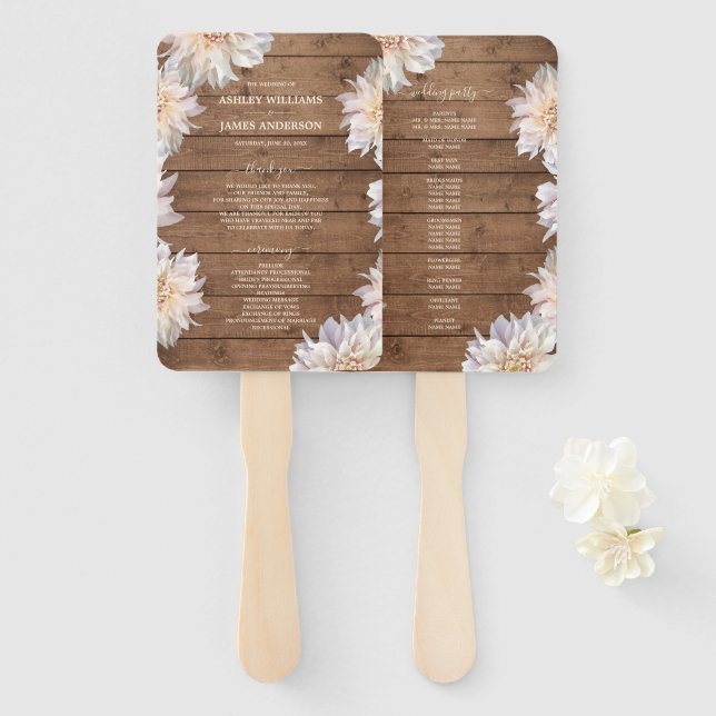 Dahlia Pink Floral Rustic Wood Wedding Program Hand Fan (Front and Back)