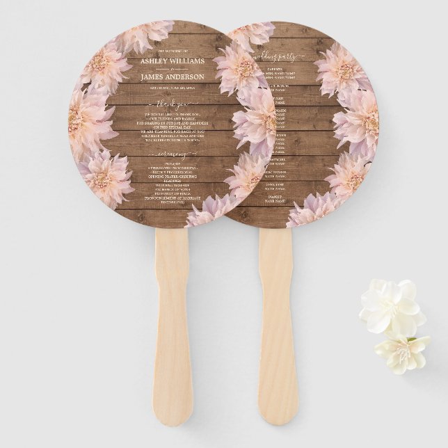 Dahlia Pink Floral Rustic Wood Wedding Program Hand Fan (Front and Back)