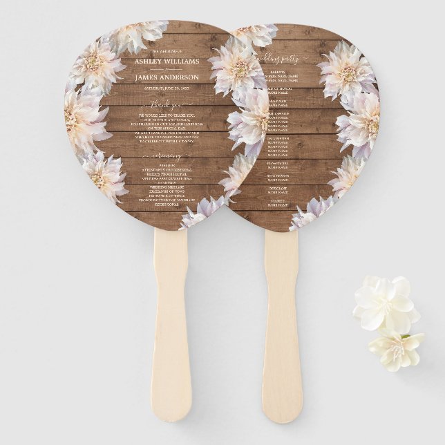 Dahlia Pink Floral Rustic Wood Wedding Program Hand Fan (Front and Back)