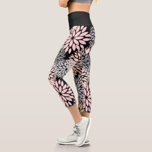 Dahlia Pink Grey Floral Pattern Capri Leggings