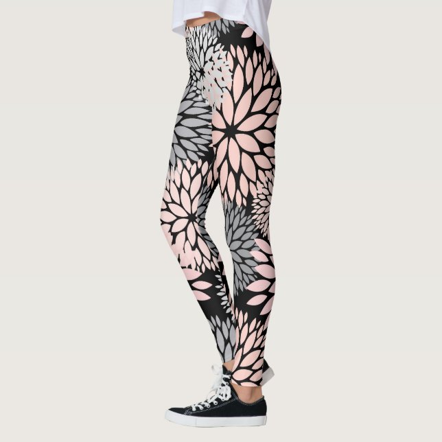 Dahlia Pink Grey Floral Pattern Leggings (Left)