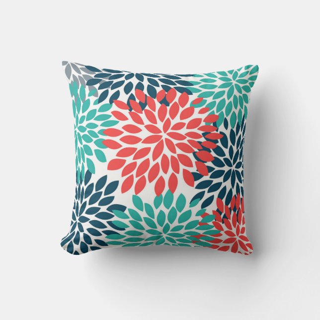 Dahlia Pinnata Designed (Orange, Blue, Teal) Cushion (Front)