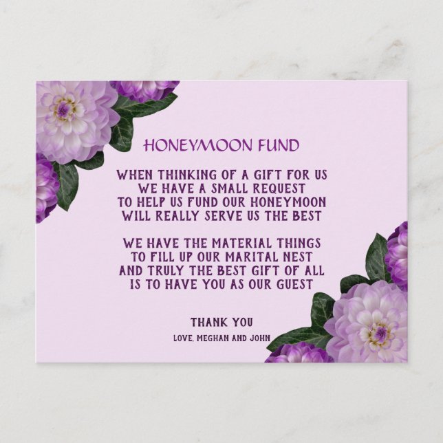 Dahlia Purple Lavender Lilac Floral Honeymoon fund Invitation Postcard (Front)