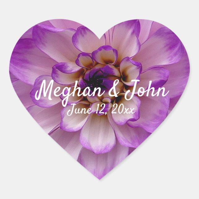 Dahlia Purple Lavender Lilac Floral Wedding Heart Sticker (Front)