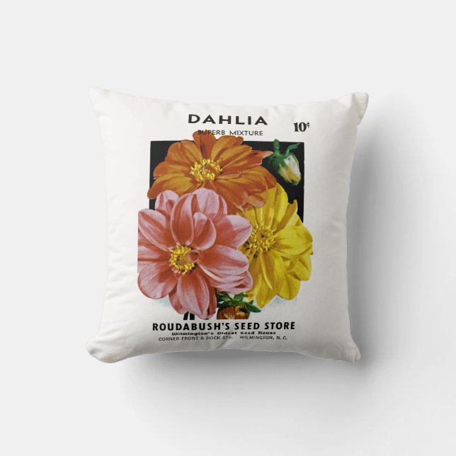 Dahlia Vintage Seed Packet Cushion (Front)