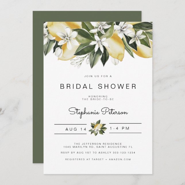 Dahlia - Watercolor Citrus Lemon Floral Bridal Invitation (Front/Back)
