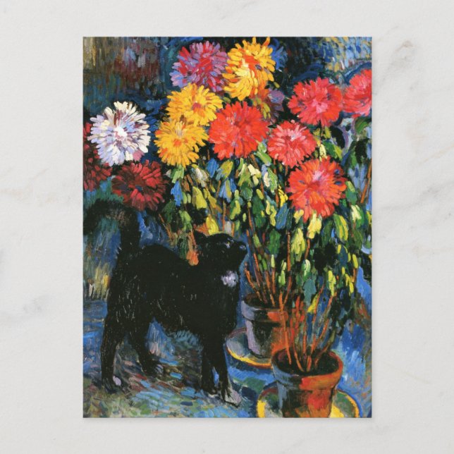Dahlias and Black Cat, fine art painting Postcard (Front)