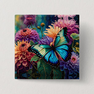 Dahlias And Iridescent Blue Green Butterfly 15 Cm Square Badge