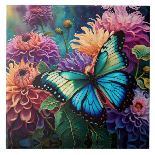 Dahlias And Iridescent  Blue Green Butterfly Ceramic Tile