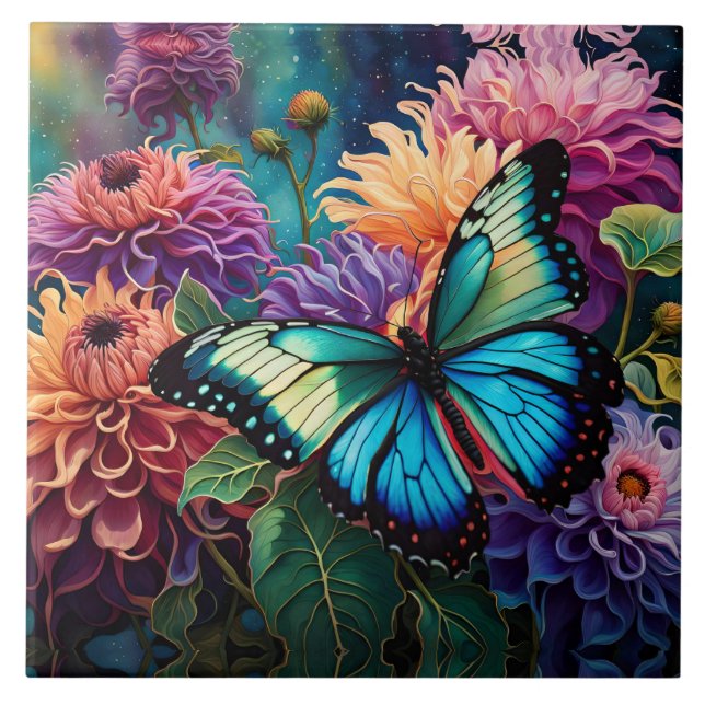 Dahlias And Iridescent  Blue Green Butterfly Ceramic Tile (Front)
