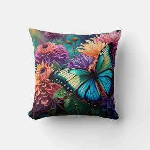 Dahlias And Iridescent Blue Green Butterfly Cushion