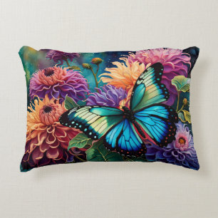 Dahlias And Iridescent Blue Green Butterfly Decorative Cushion