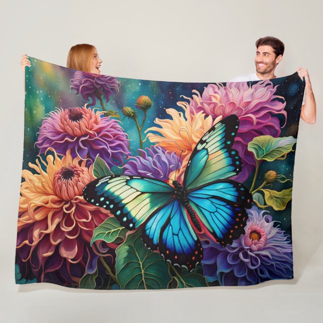 Dahlias And Iridescent  Blue Green Butterfly Fleece Blanket (In Situ)