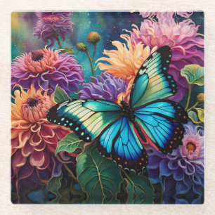 Dahlias And Iridescent  Blue Green Butterfly Glass Coaster