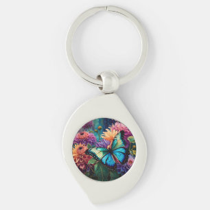 Dahlias And Iridescent  Blue Green Butterfly Key Ring