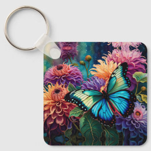 Dahlias And Iridescent  Blue Green Butterfly Key Ring