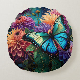 Dahlias And Iridescent  Blue Green Butterfly Round Cushion