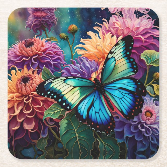 Dahlias And Iridescent  Blue Green Butterfly Square Paper Coaster (Front)