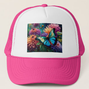 Dahlias And Iridescent Blue Green Butterfly Trucker Hat