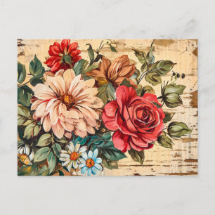 Dahlias and Roses on Cracked Wooden Wall Postcard