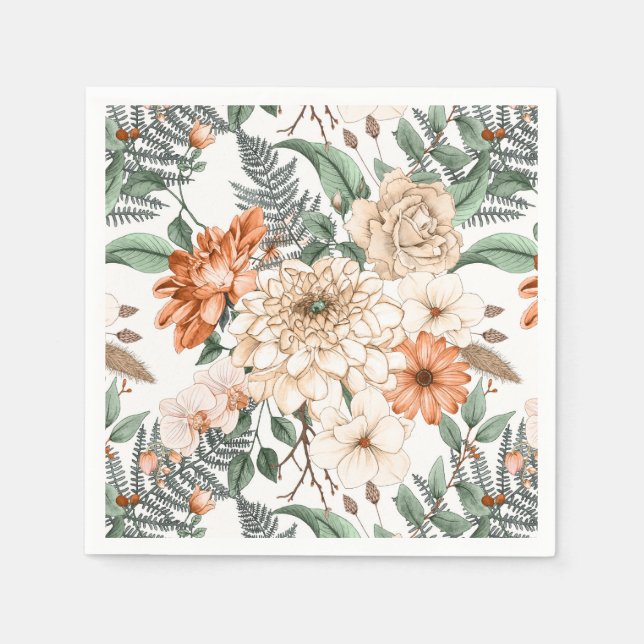 Dahlias daisy ferns greenery peach white romantic napkin (Front)