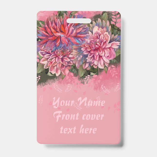 Dahlias flowers pink watercolor ID badge (Front)